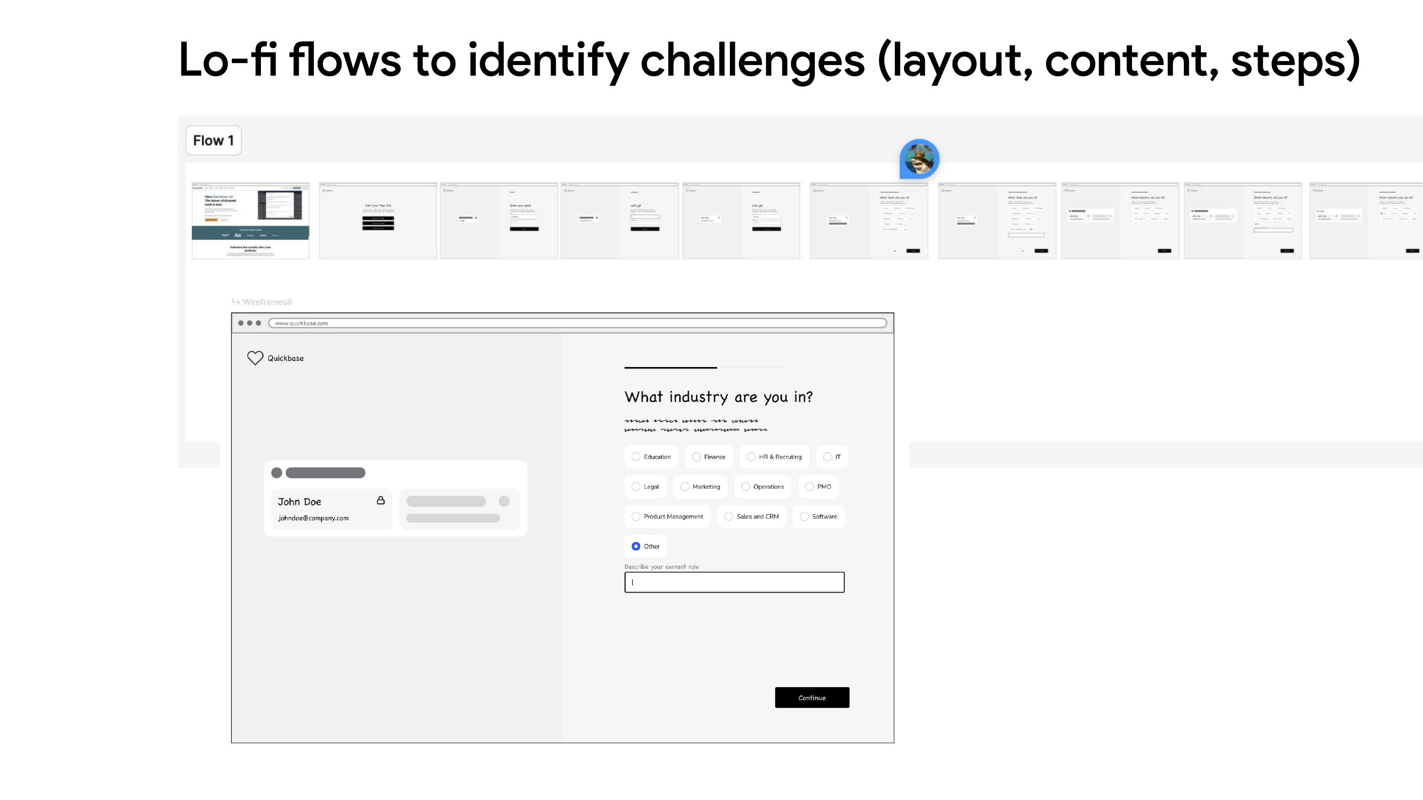 Lo-fi flows exploring layout, content, and step count.